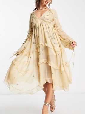 ASOS Pale Beige Tiered Embellished V-Neck Midi Dress